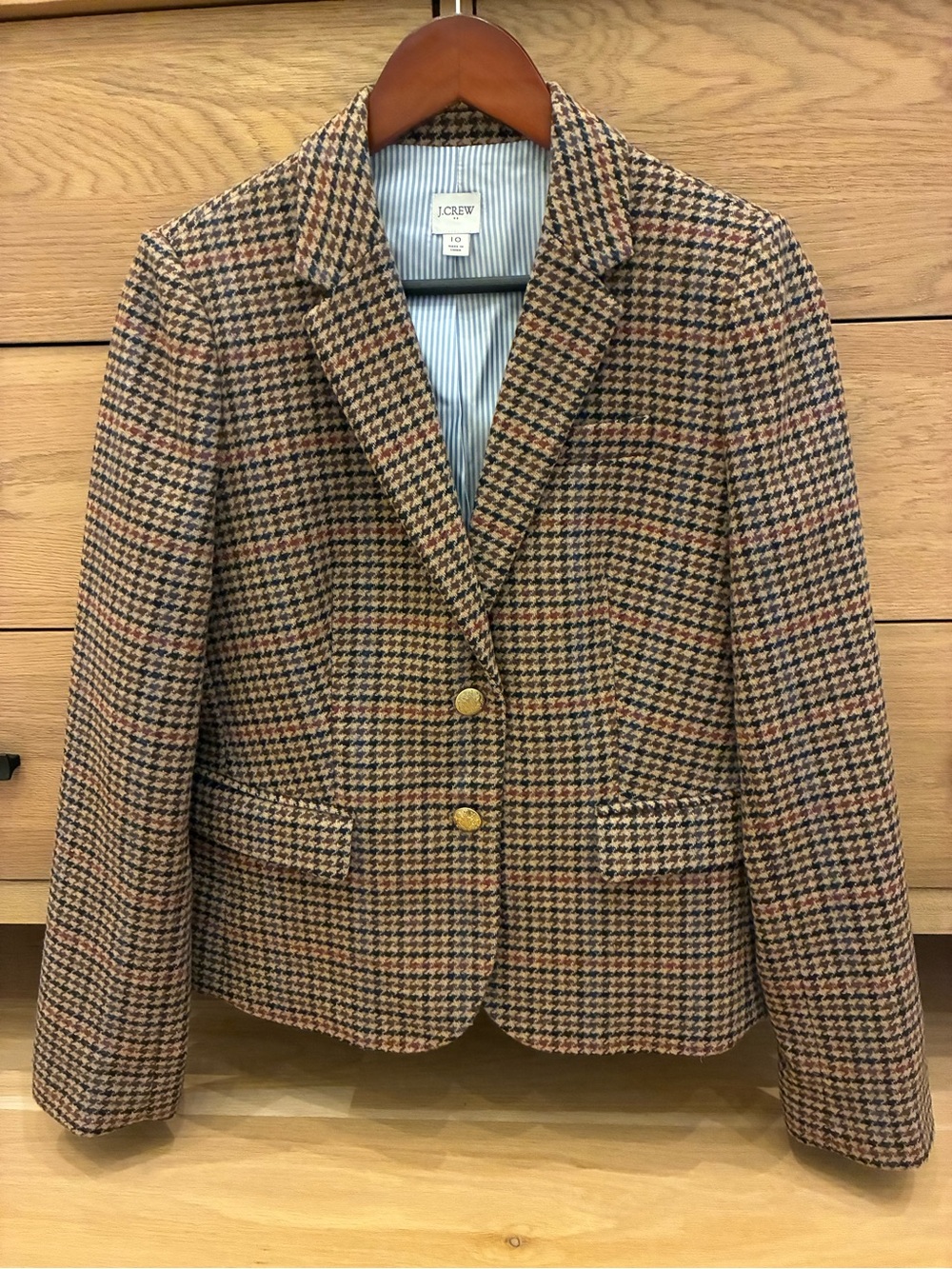 J. Crew Brown Houndstooth Wool-Blend Blazer with Gold Buttons